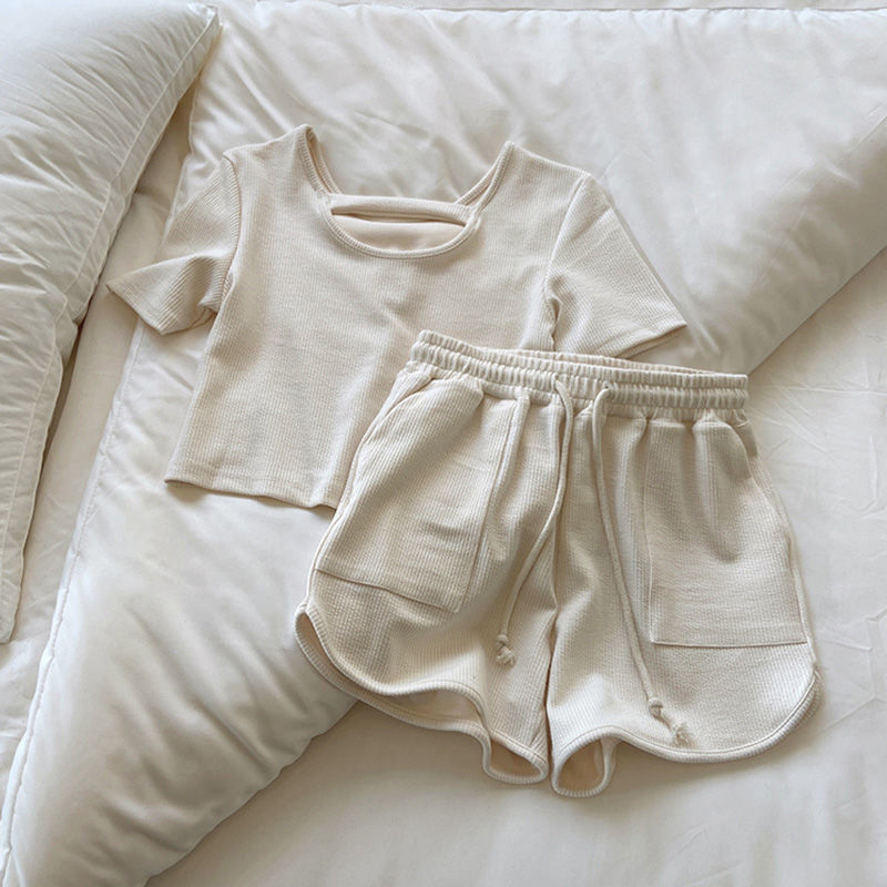 Women's Ribbed Loungewear Set Short Sleeve with Shorts - Apricot