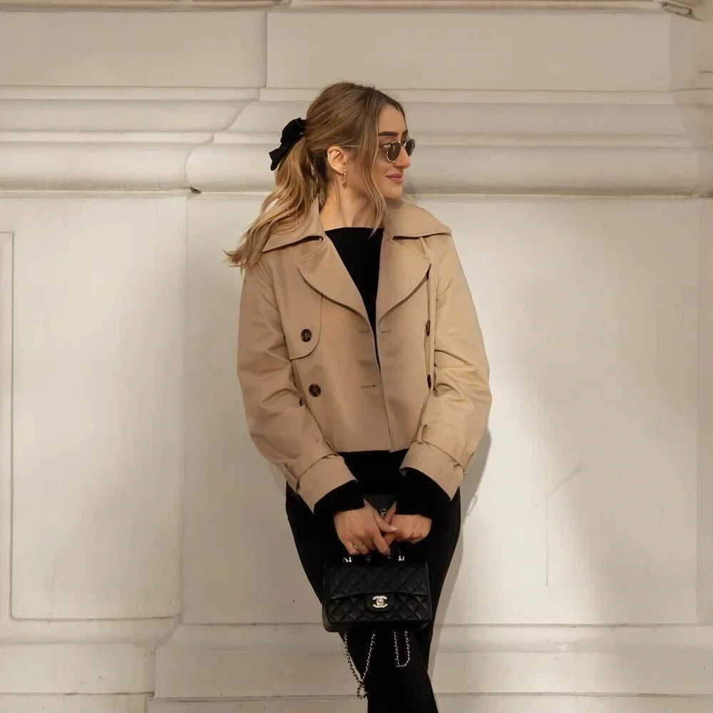 Women's Cropped Trench Coat with Double-Breasted Buttons and Belted Cuffs - 2