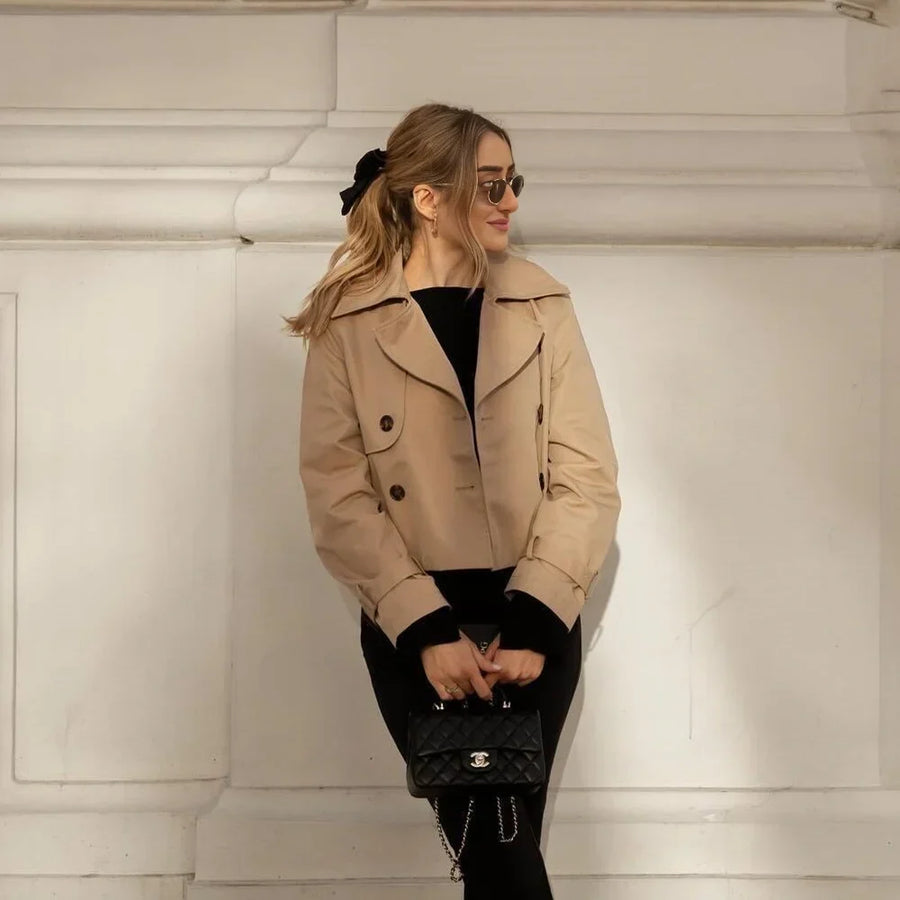 Women's Cropped Trench Coat with Double-Breasted Buttons and Belted Cuffs