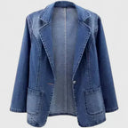 Women's Denim Blazer Jacket with Notched Lapel and Patch Pockets - Denim Blue