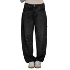 Women's Wide-Leg Jeans with Embellished Crystal Detail - Black