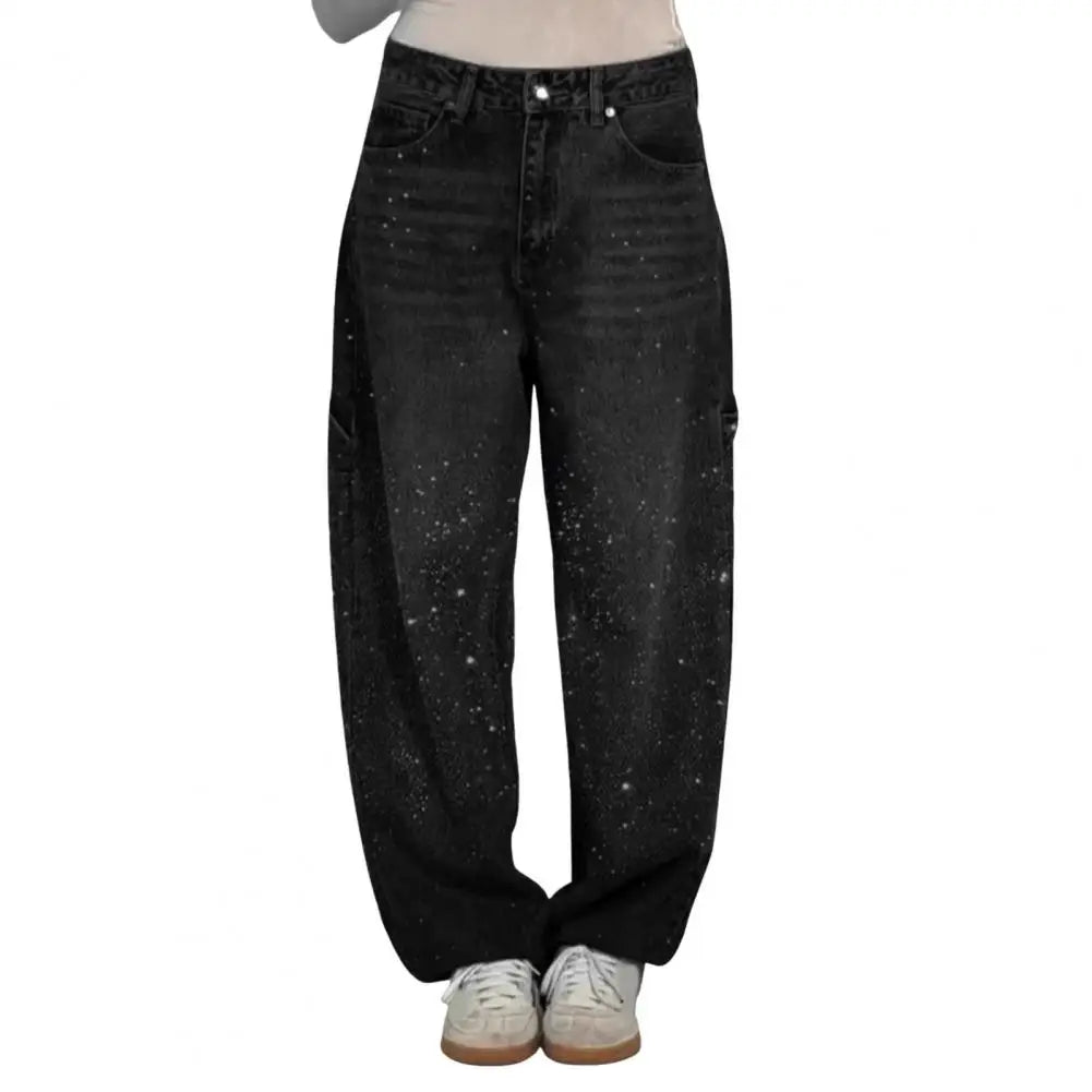 Women's Wide-Leg Jeans with Embellished Crystal Detail - Black
