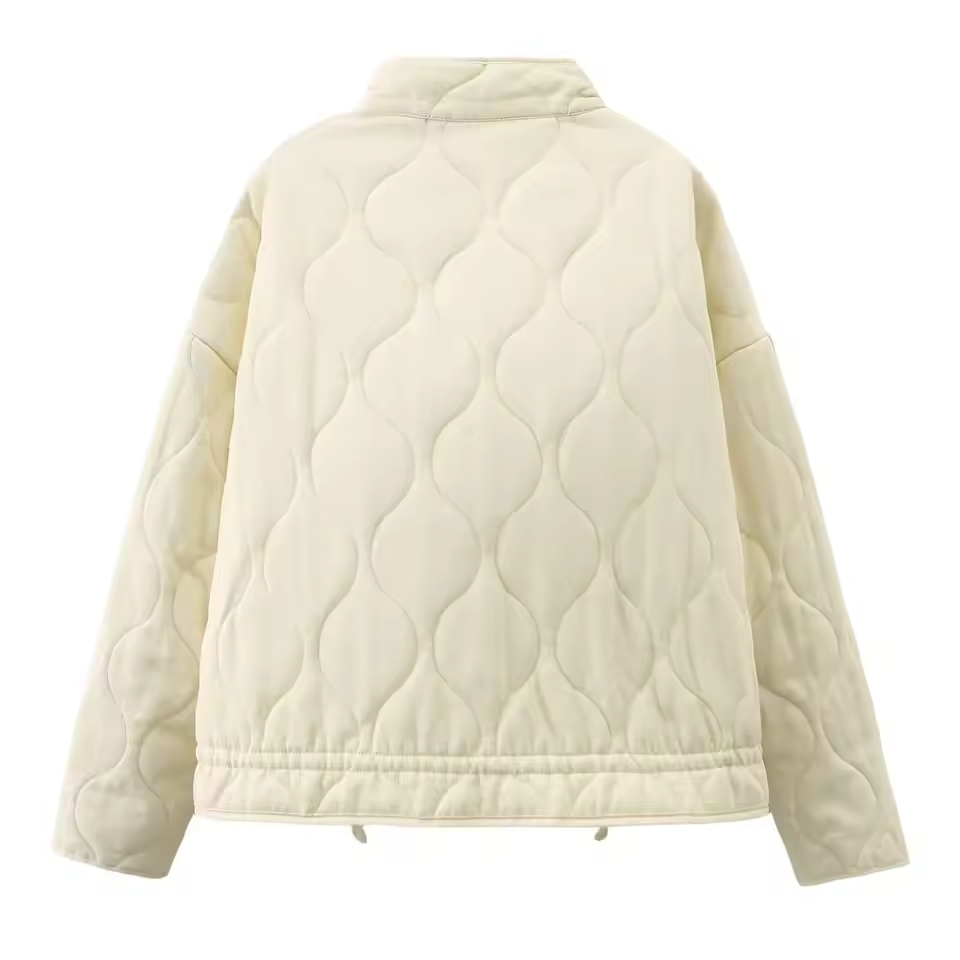 Women's Quilted Jacket with Pockets and Drawstring Waist - 3
