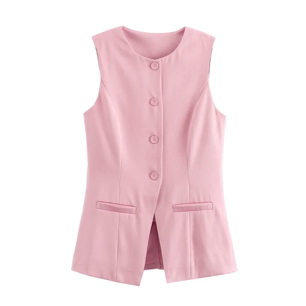 Women's Tailored Waistcoat Sleeveless with Button Front and Welt Pockets - Pink
