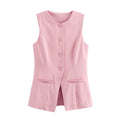 Women's Tailored Waistcoat Sleeveless with Button Front and Welt Pockets - Pink