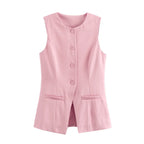 Women's Tailored Waistcoat Sleeveless with Button Front and Welt Pockets - Pink