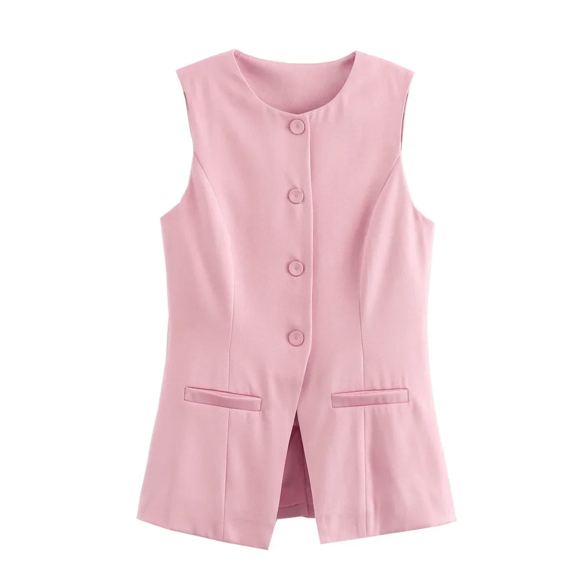 Women's Tailored Waistcoat Sleeveless with Button Front and Welt Pockets - Pink
