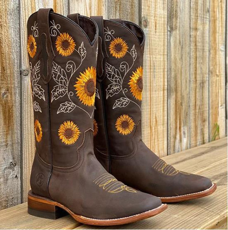 Women's Western Boots with Sunflower Embroidery and Scalloped Topline - Dark Brown