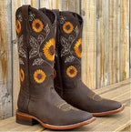 Women's Western Boots with Sunflower Embroidery and Scalloped Topline - 3