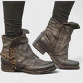 Women's Slouch Boots with Buckle Strap and Side Zip - Brown