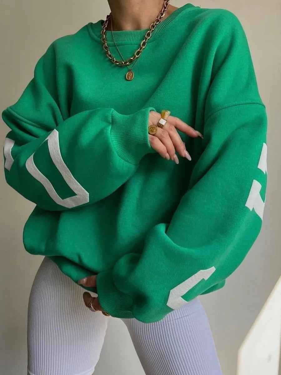 Women's Oversized Sweatshirt with City Print and Crew Neck - Green