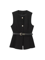 Women's Waistcoat Sleeveless with Gold Buttons and Belted Waist - 3