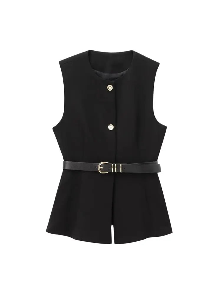 Women's Waistcoat Sleeveless with Gold Buttons and Belted Waist - 3