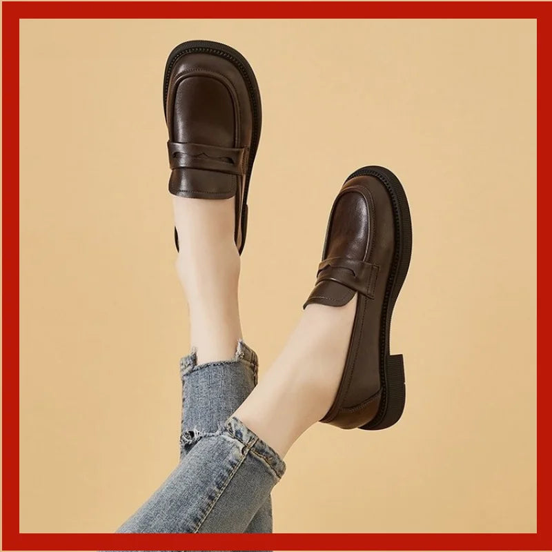 Women's Slip-On Loafers with Round Toe and Low Block Heel - Brown