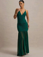 Women's Maxi Dress Sleeveless with V-Neck and Ruched Bodice - Green