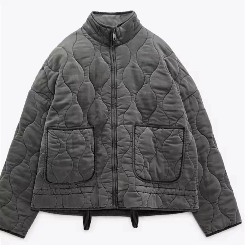 Women's Quilted Jacket with Pockets and Drawstring Waist - Dark Grey