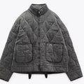 Women's Quilted Jacket with Pockets and Drawstring Waist - Dark Grey