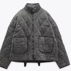 Women's Quilted Jacket with Pockets and Drawstring Waist - Dark Grey