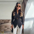 Women's Pleated Blazer Jacket with Wrap Front and Button Detail - Black Jacket A