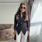 Women's Pleated Blazer Jacket with Wrap Front and Button Detail - Black Jacket A