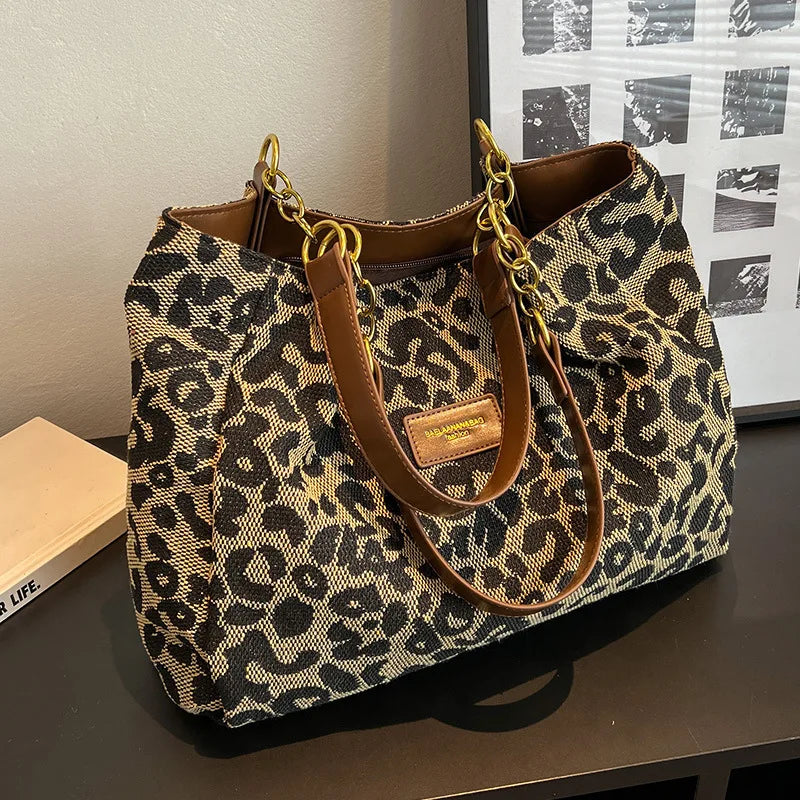 Leopard Print Tote Bag with Gold-Tone Chain Handles - 2