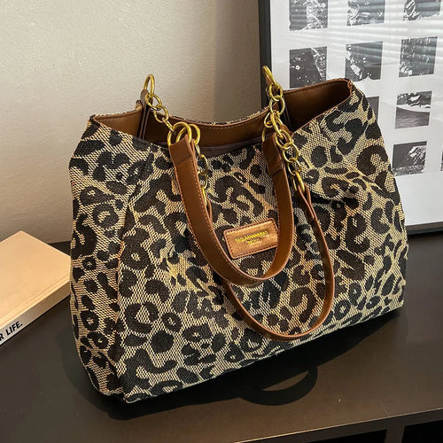 Leopard Print Tote Bag with Gold-Tone Chain Handles - 2