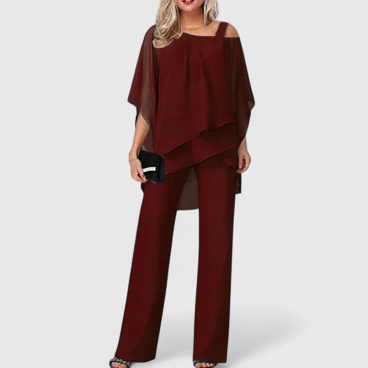 Women's Two-Piece Trouser Set with Asymmetric Overlay Top - Wine Red