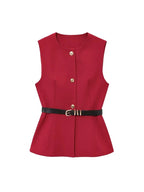 Women's Waistcoat Sleeveless with Gold Buttons and Belted Waist - 7