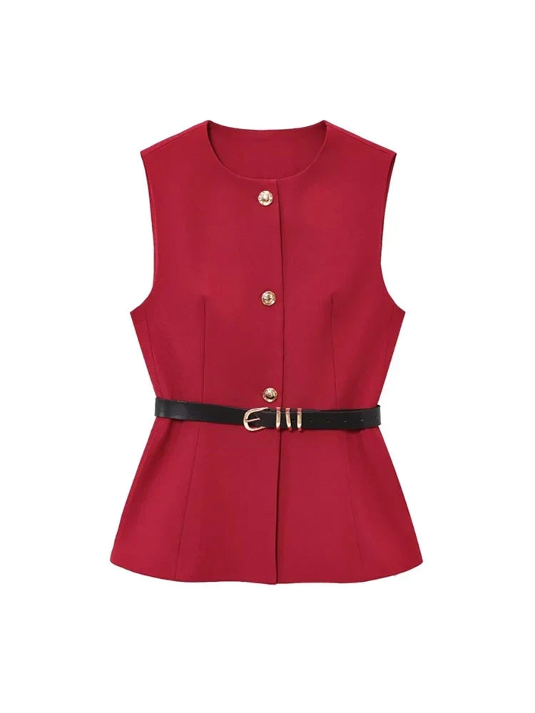 Women's Waistcoat Sleeveless with Gold Buttons and Belted Waist - 7