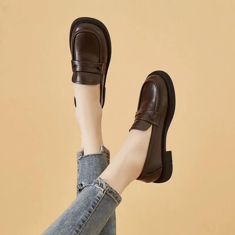 Women's Slip-On Loafers with Round Toe and Low Block Heel - 5