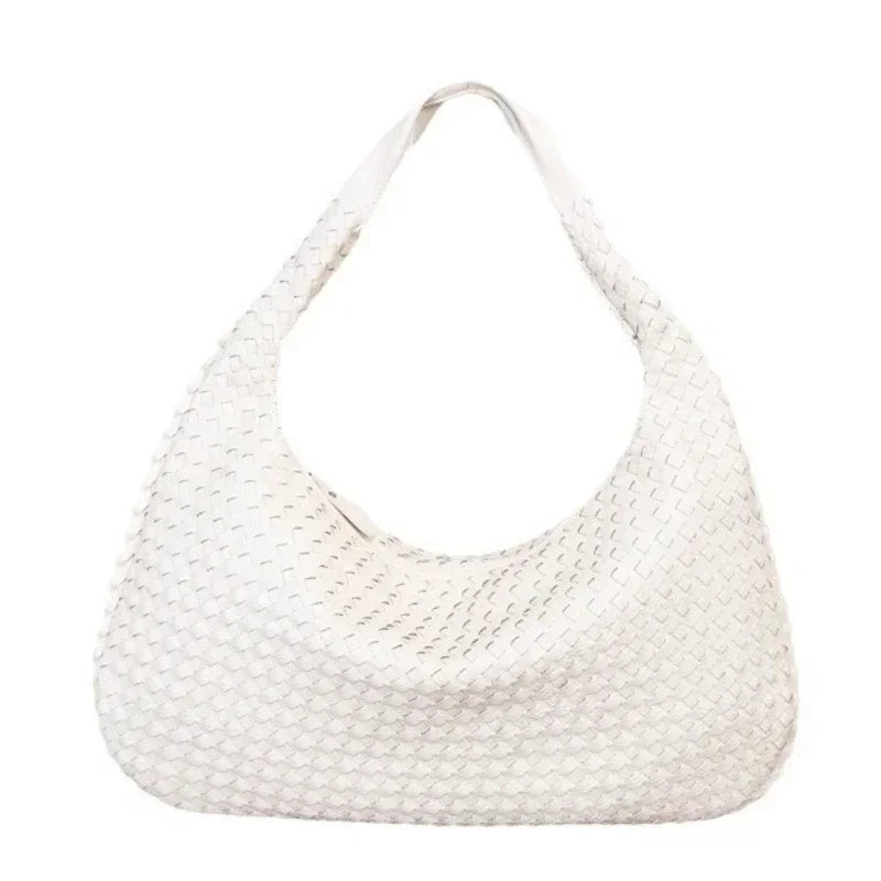 Women's Shoulder Bag with Woven Braided Texture - Cream