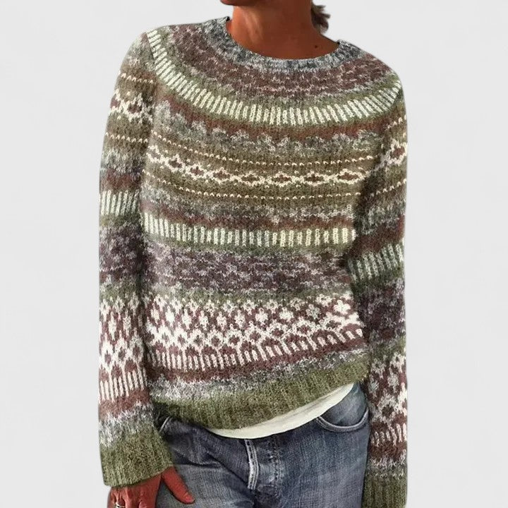 Women's Jumper Long Sleeve with Fair Isle Pattern and Round Neck - Green