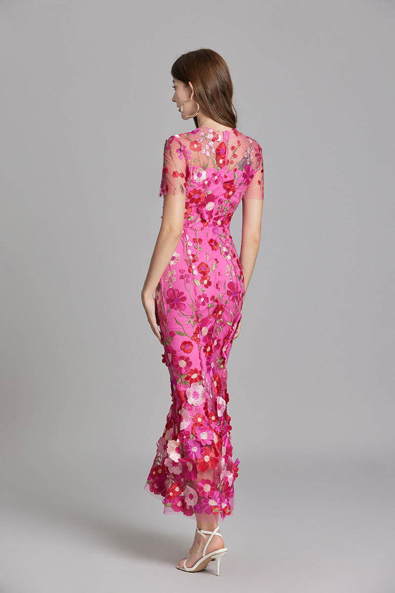 Women's Midi Dress Floral Appliqué with High Neckline and Sheer Sleeves - 3
