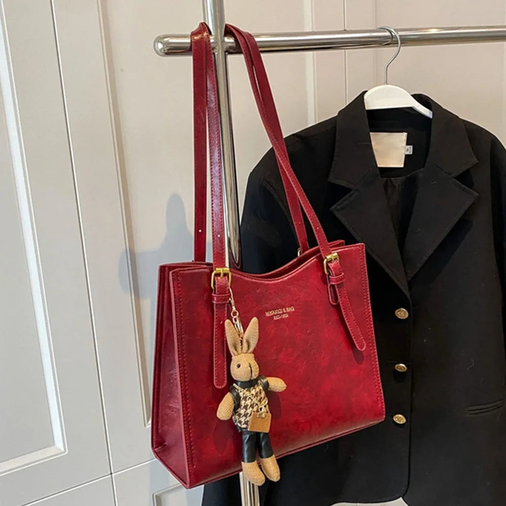 Women's Tote Bag with Detachable Bunny Charm - Wine Red