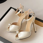 Women's Stiletto Sandals with Pearl Detail and Crossover Ankle Strap - 2