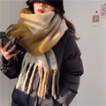 Women's Oversized Checked Scarf with Fringed Edges - Beige