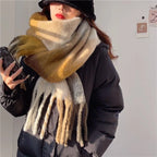 Women's Oversized Checked Scarf with Fringed Edges - Beige