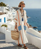 Women's Kaftan Maxi Dress with V-Neck and Striped Trim - Orange