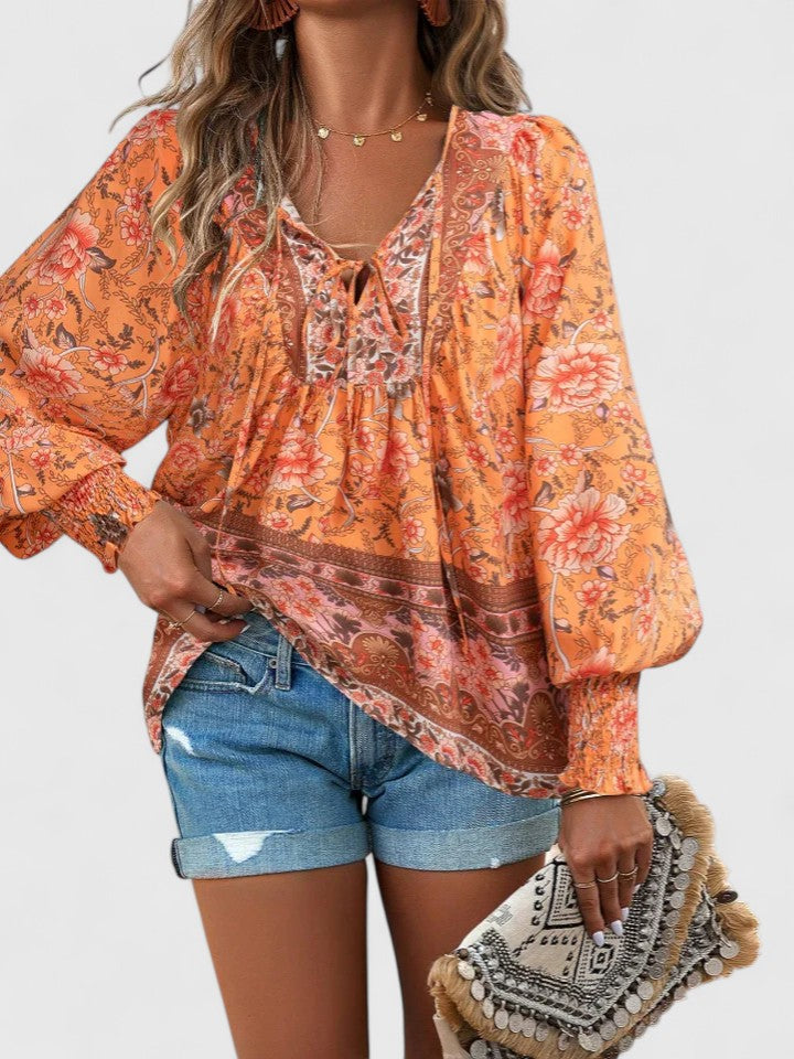 Women's Long Sleeve Blouse with Tie Neck and Floral Print