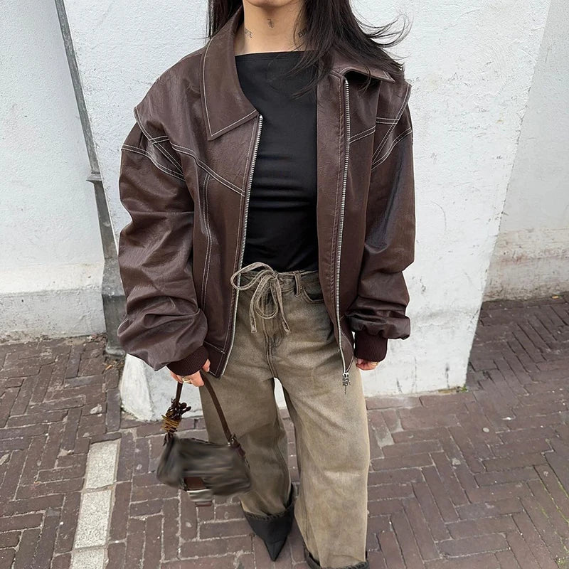 Women's Oversized Jacket with Contrast Seam Details - Brown