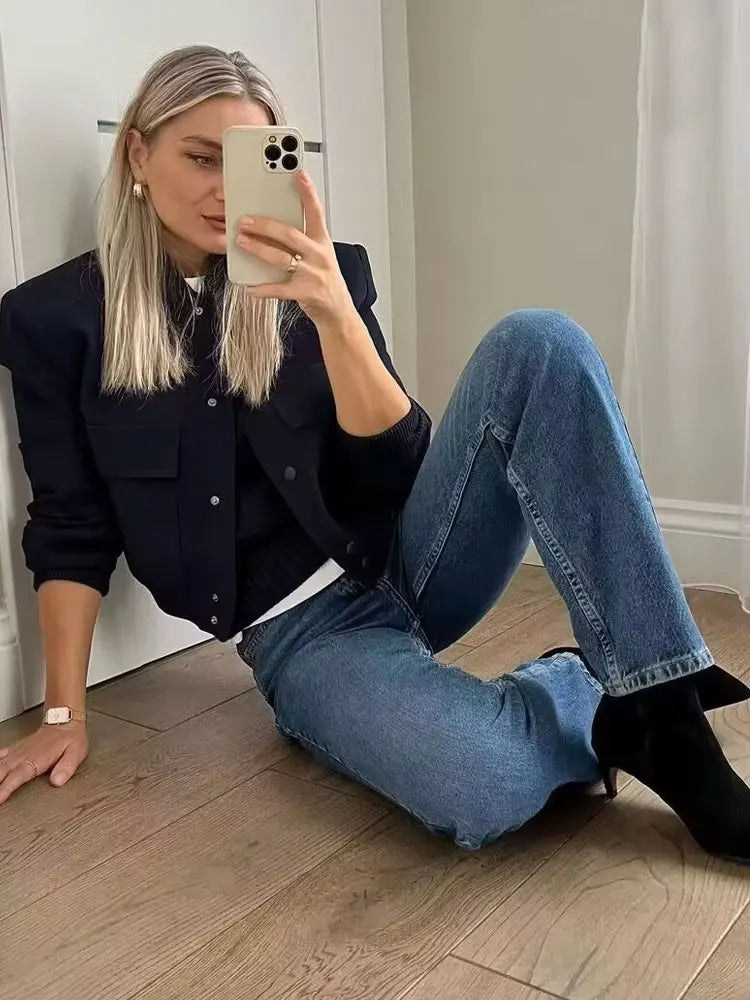 Women's Bomber Jacket with Patch Pockets and Ribbed Trim - 5