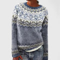 Women's Jumper Long Sleeve with Fair Isle Pattern and Round Neck - Dark Blue