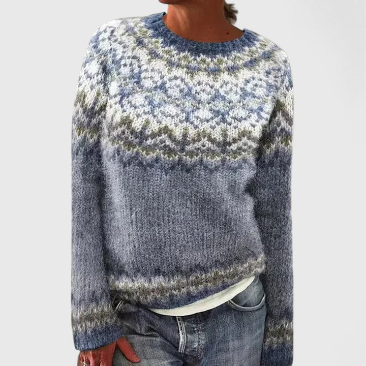 Women's Jumper Long Sleeve with Fair Isle Pattern and Round Neck - Dark Blue