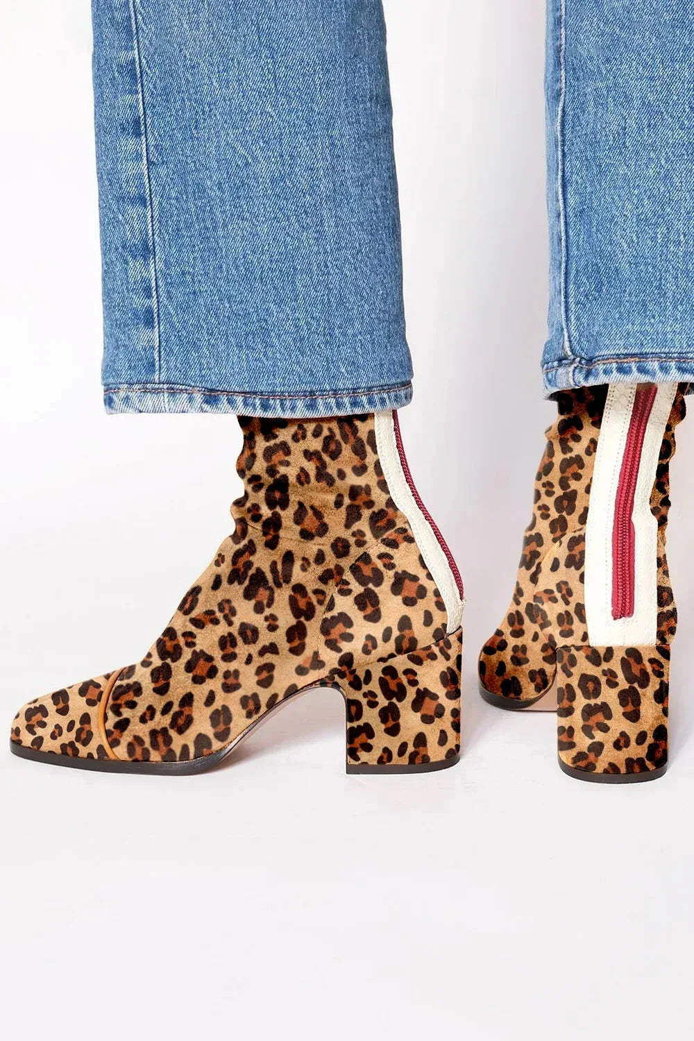 Women's Ankle Boots with Block Heel and Contrast Panel - Leopard-print