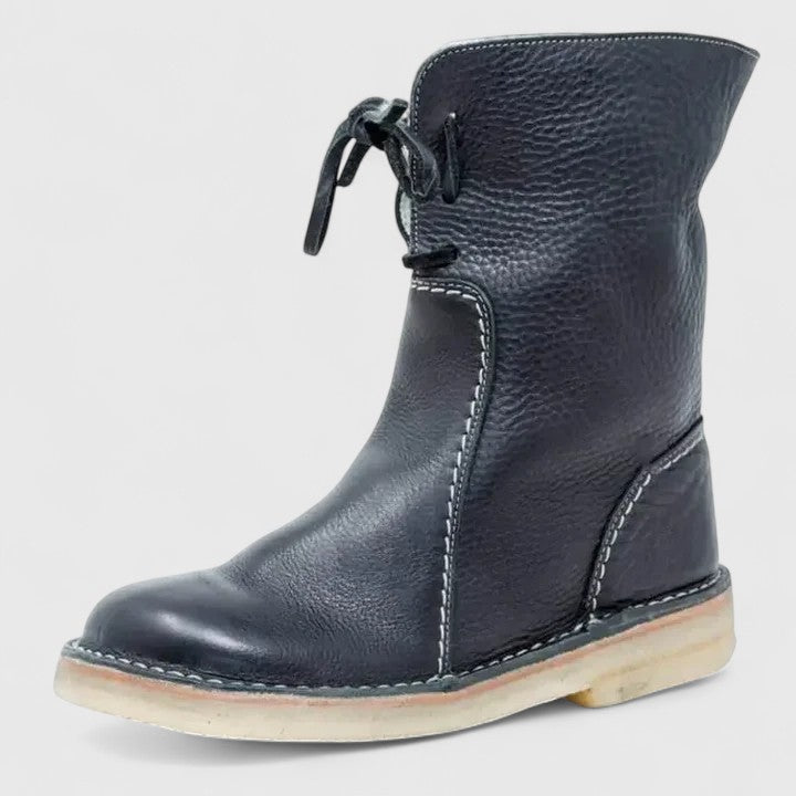 Women's Ankle Boots with Fleece Trim and Lace-Up Front - Black