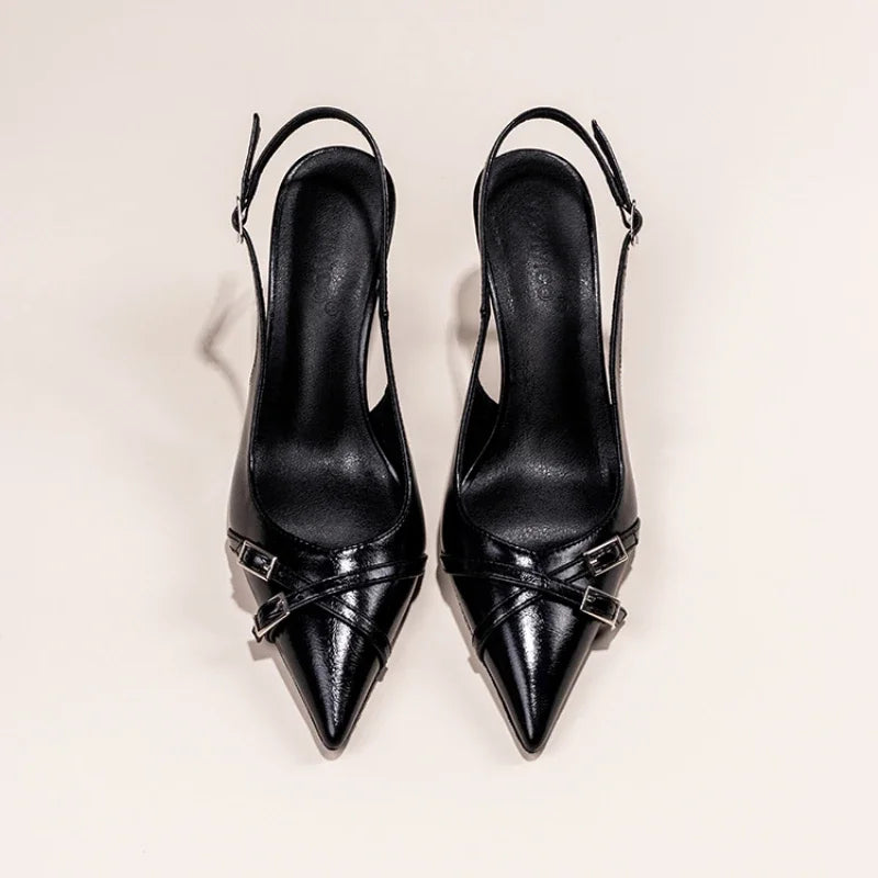 Women's Pointed Toe Slingback Court Shoes with Buckle Strap Heel - 4