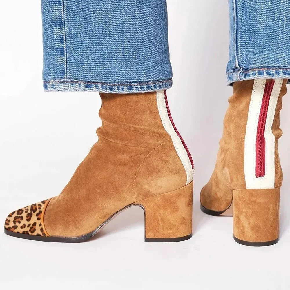 Women's Ankle Boots with Block Heel and Contrast Panel - 4