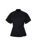 Women's Blazer Jacket Cinched Waist with Short Sleeves and Notch Collar - Dark blue