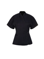 Women's Blazer Jacket Cinched Waist with Short Sleeves and Notch Collar - Dark blue