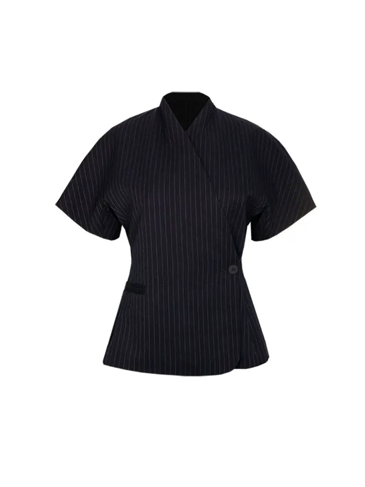 Women's Blazer Jacket Cinched Waist with Short Sleeves and Notch Collar - Dark blue